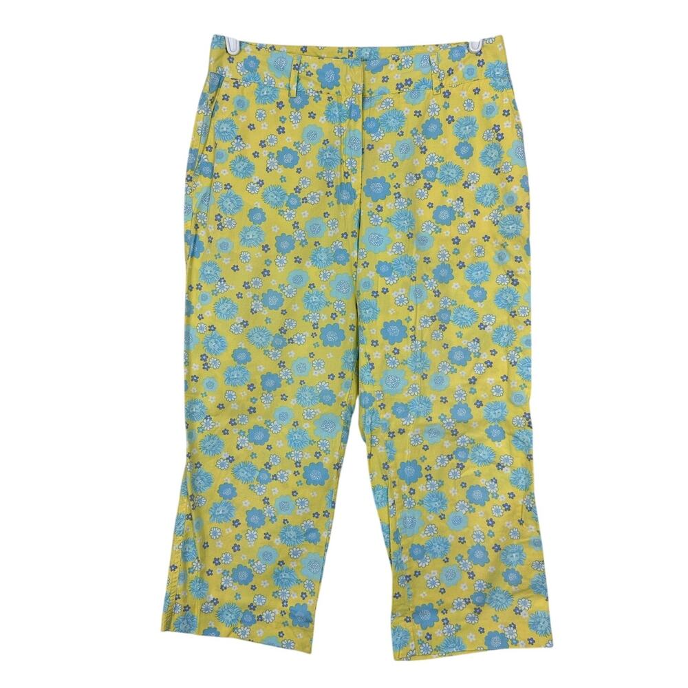 Lilly Pulitzer Yellow Blue Floral Print Capri Pants 10 Resortwear